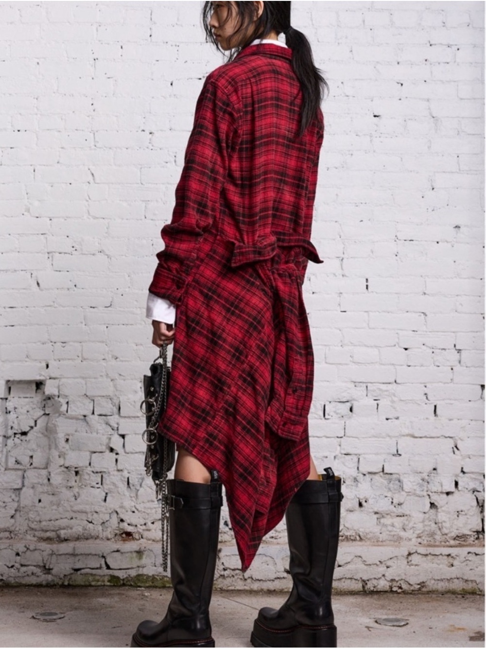 R13 - Red Plaid Asymmetric Tie-Front Midi Shirt-Dress for Women